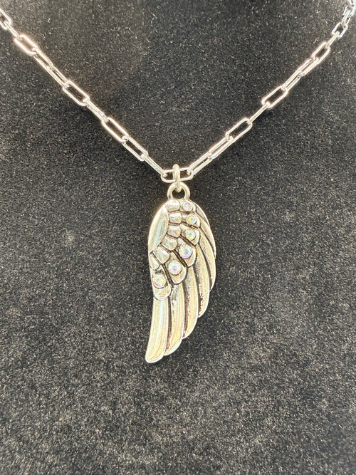 18″ Silver Paperclip Link Necklace with Rhinestone Angel Wing Pendant, Layering Piece
