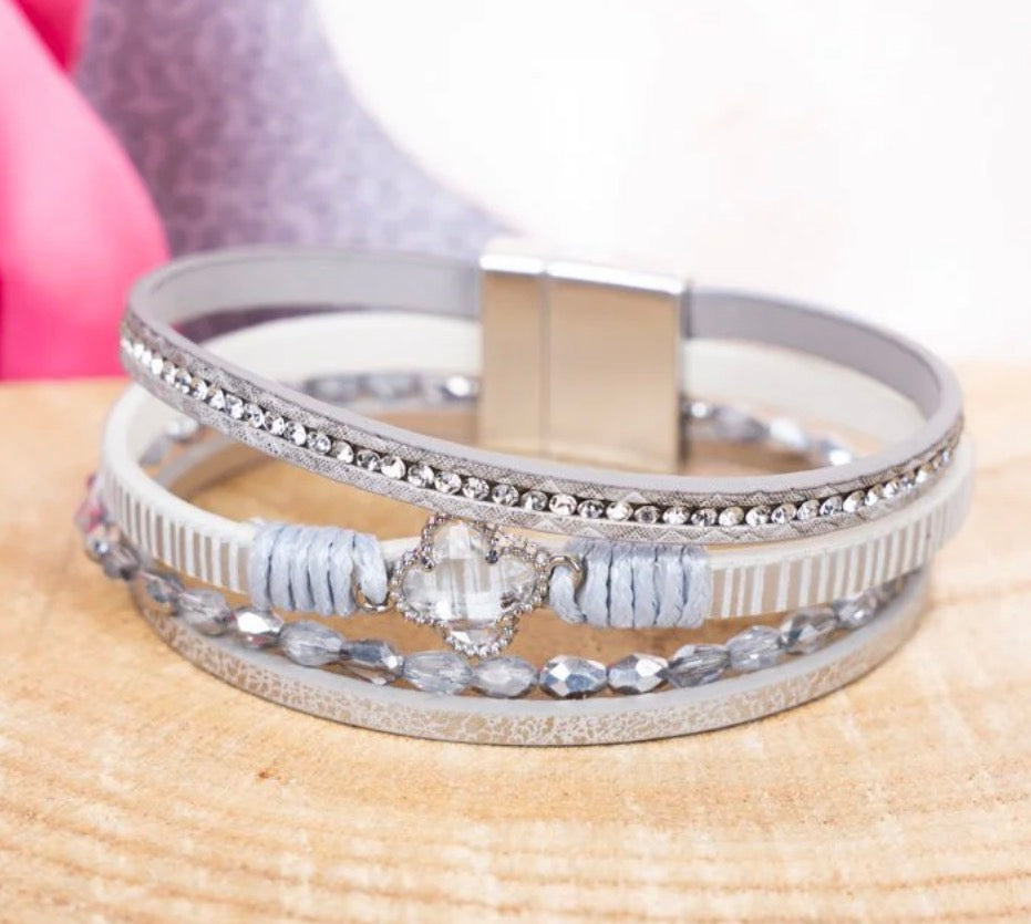 Layered Leather & Crystal Wrap Bracelet – Magnetic Closure