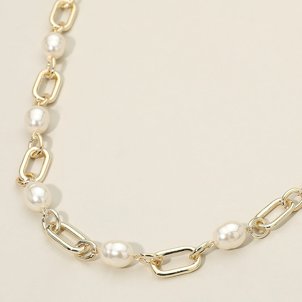 16″ Gold Paperclip Chain Necklace with Lab Created-Pearls + 2″ Extender