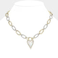 16″ Mixed Metal Link Choker Necklace with Mother of Pearl Heart Pendant + 2″ Extender