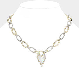 16″ Mixed Metal Link Choker Necklace with Mother of Pearl Heart Pendant + 2″ Extender