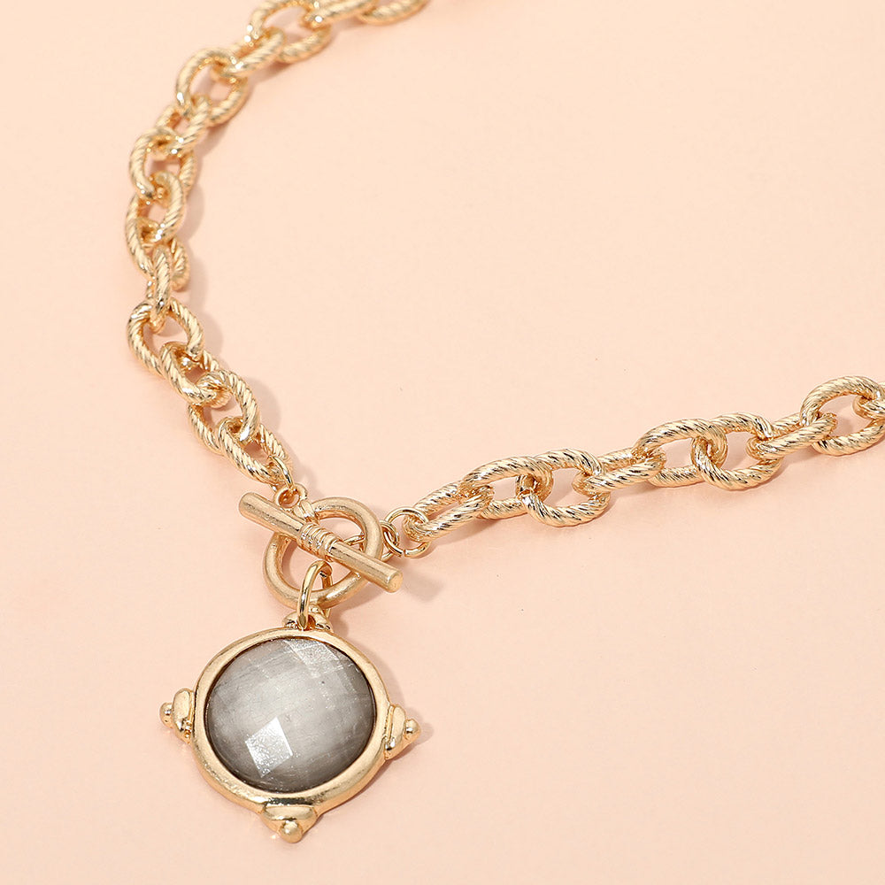 16″ Gold Compass Pendant Choker with Front Toggle & Faceted Stone