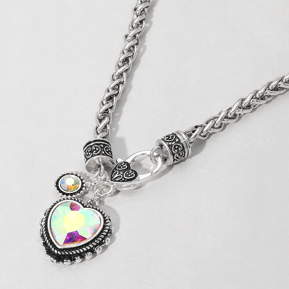 Silver Braided Choker Necklace with Stunning Heart Gemstone Pendant