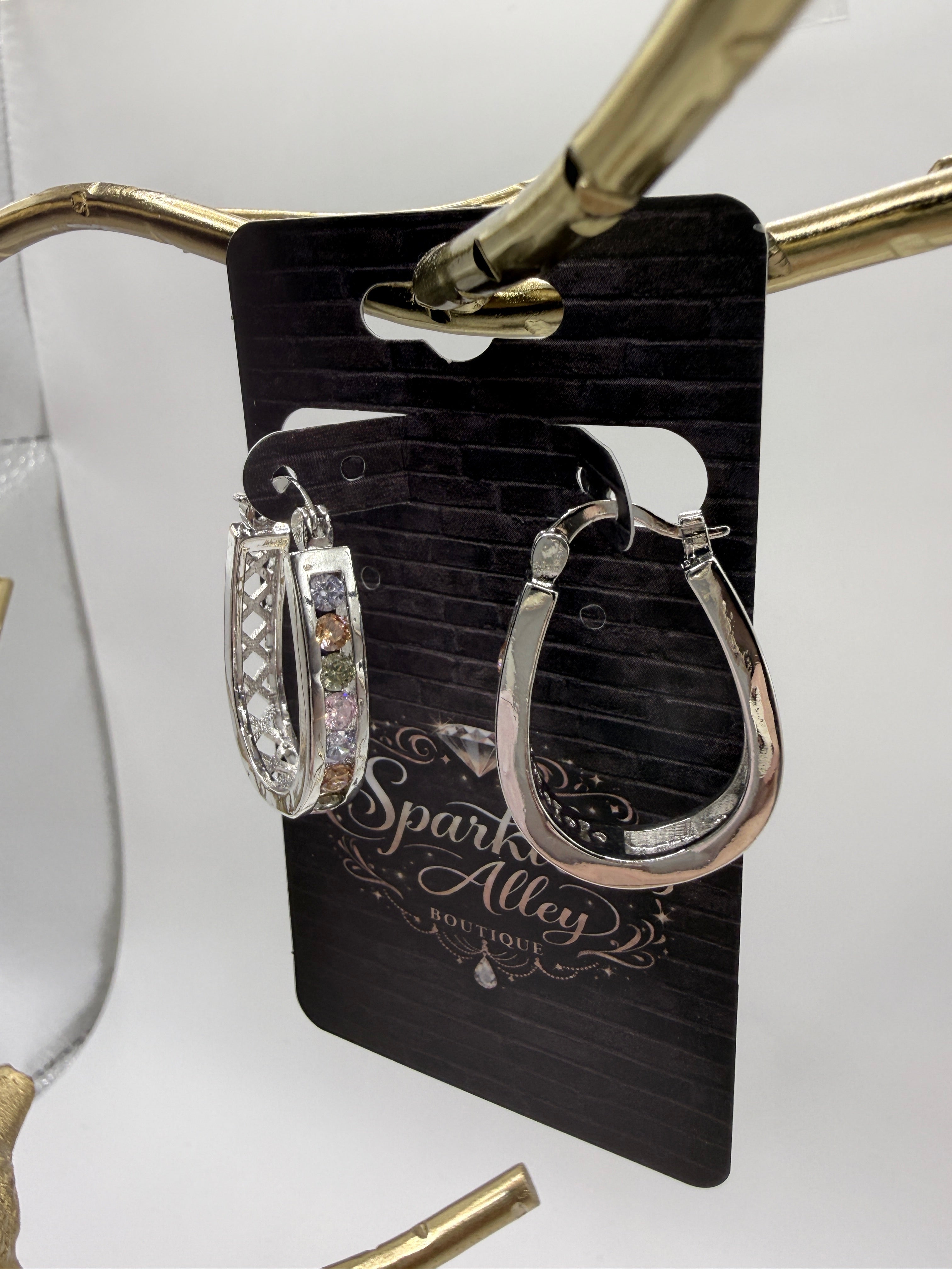 Silver Curved Hoop Earrings – Crystal Inset & Lattice Detail