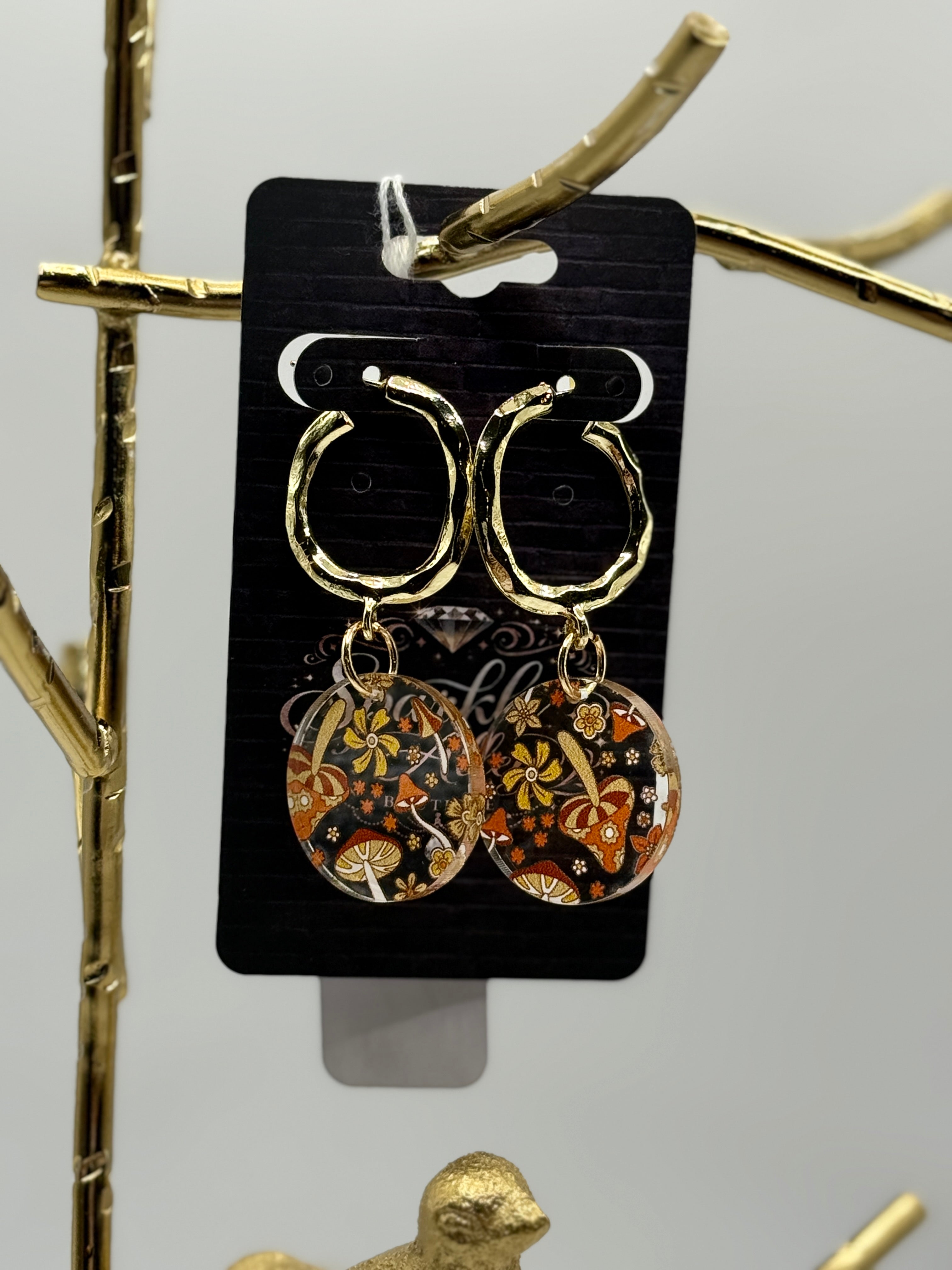 Handmade Hammered Gold Hoop Earrings w/ Retro Floral Drops