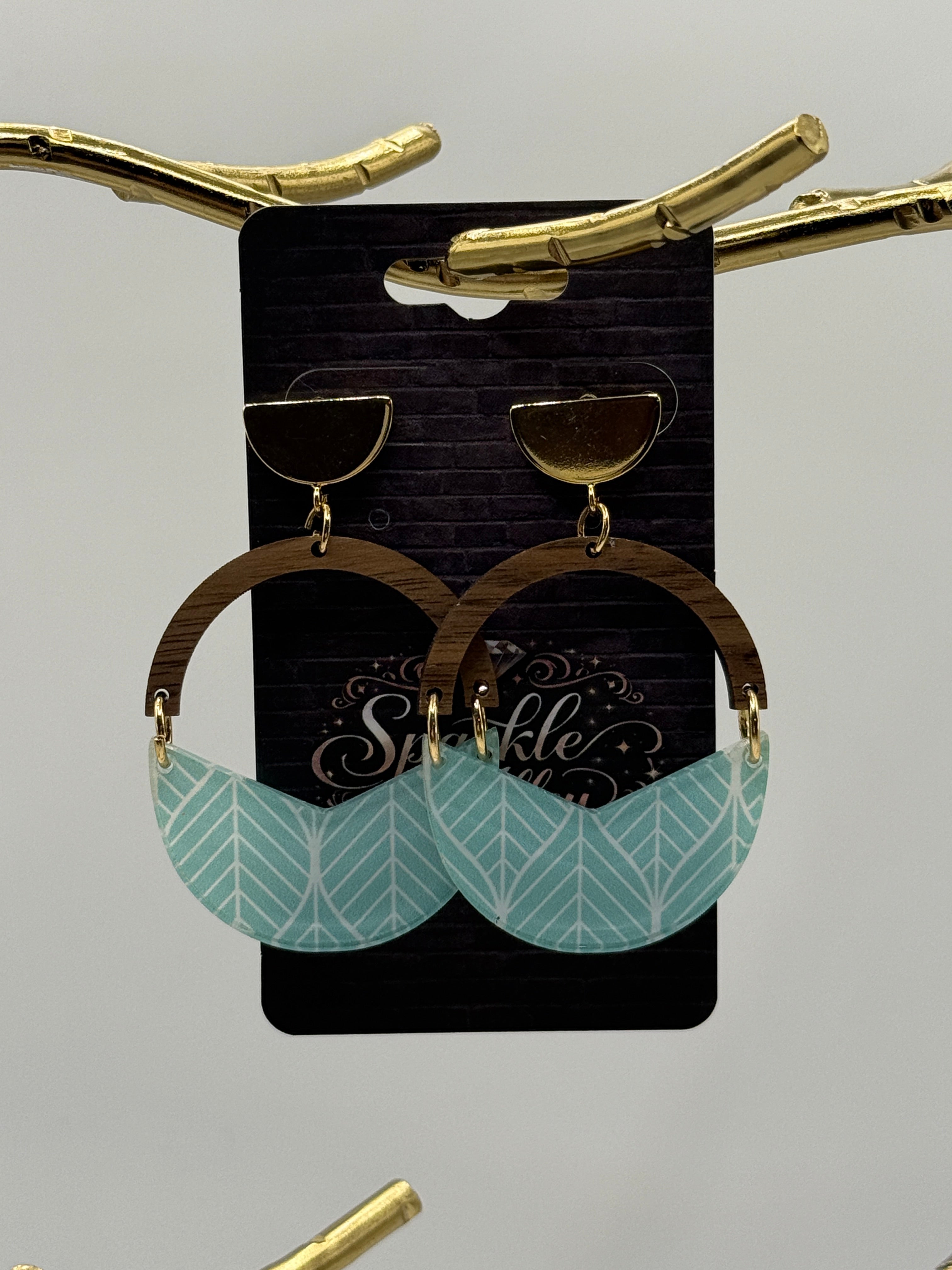 Handmade Acrylic & Wood Leaf Drop Earrings — Aqua