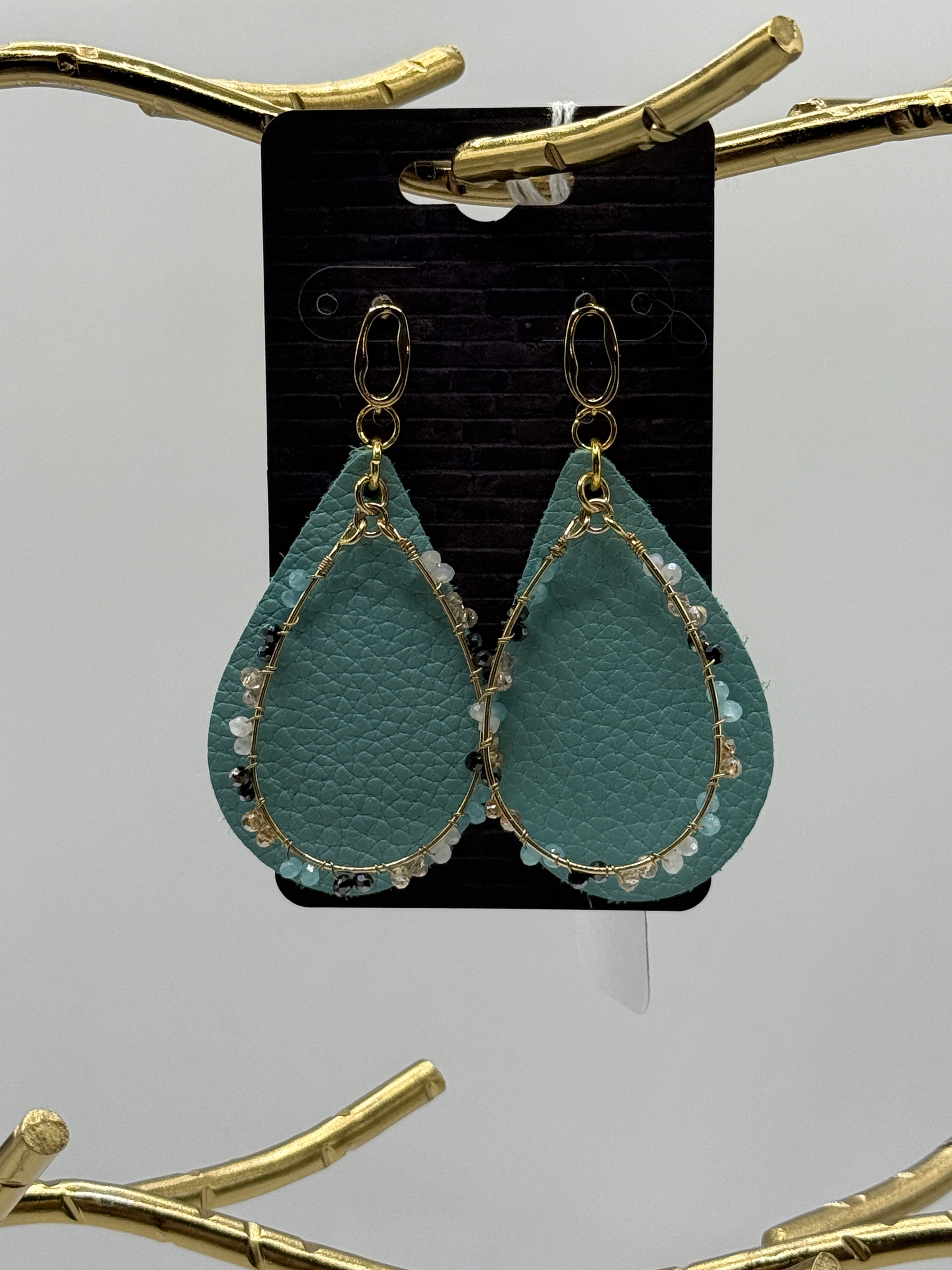 Handmade Leather Teardrop Earrings — Wire-Wrapped Beads (Teal)