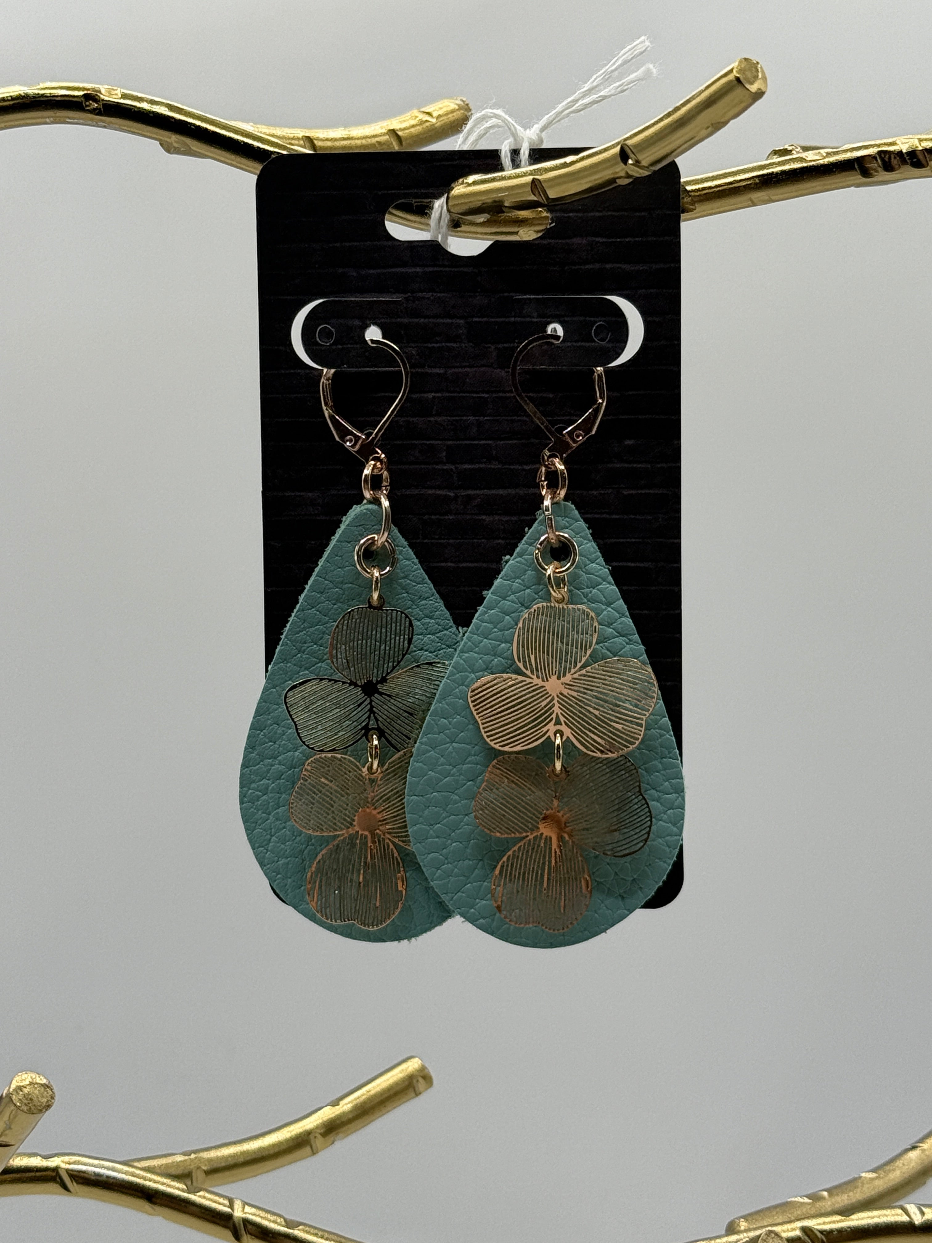 Handmade Leather Teardrop Earrings – Gold Floral Engraved