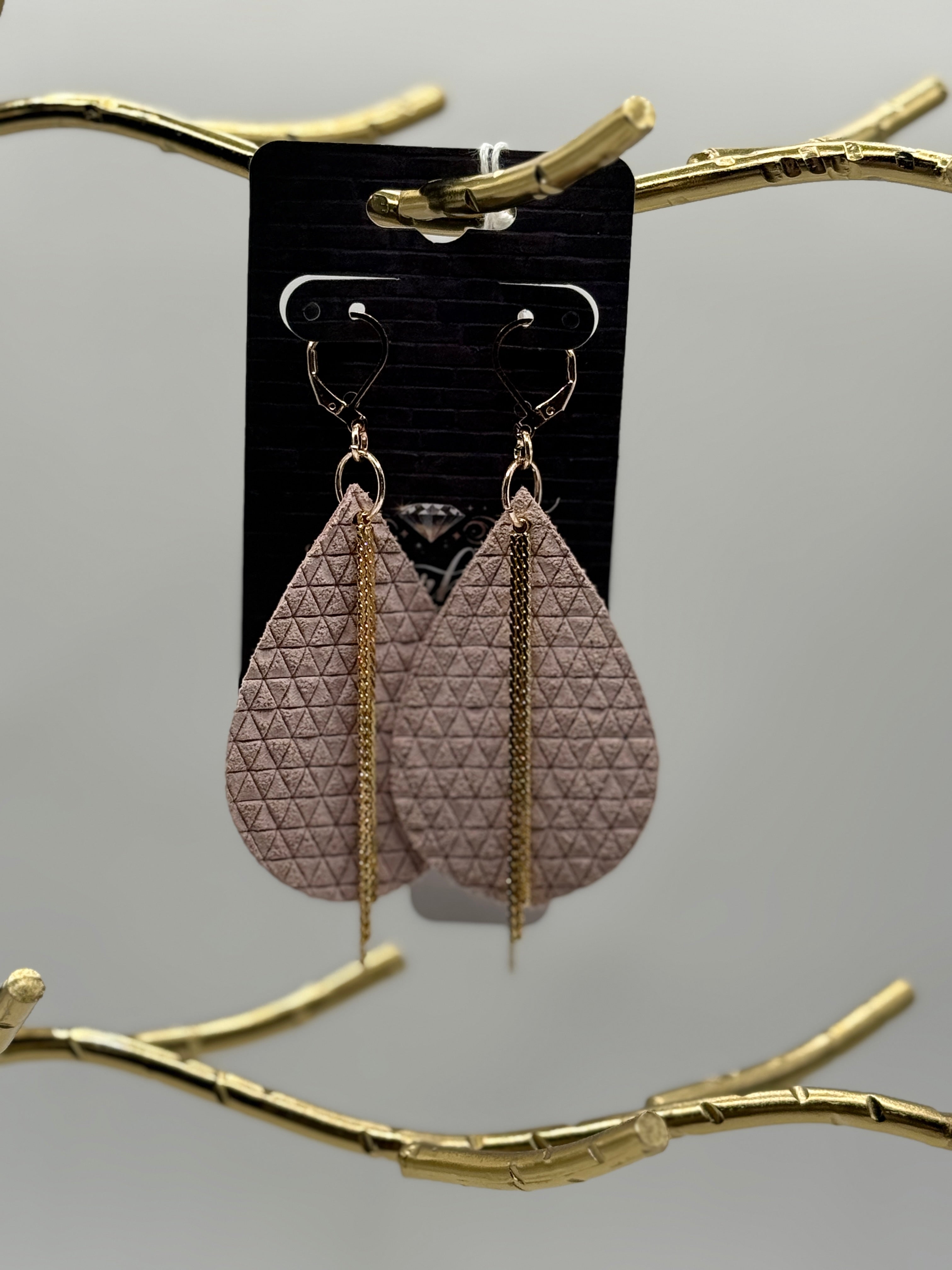 Handmade Real Leather Teardrop Earrings w/ Gold-Plated Tassels