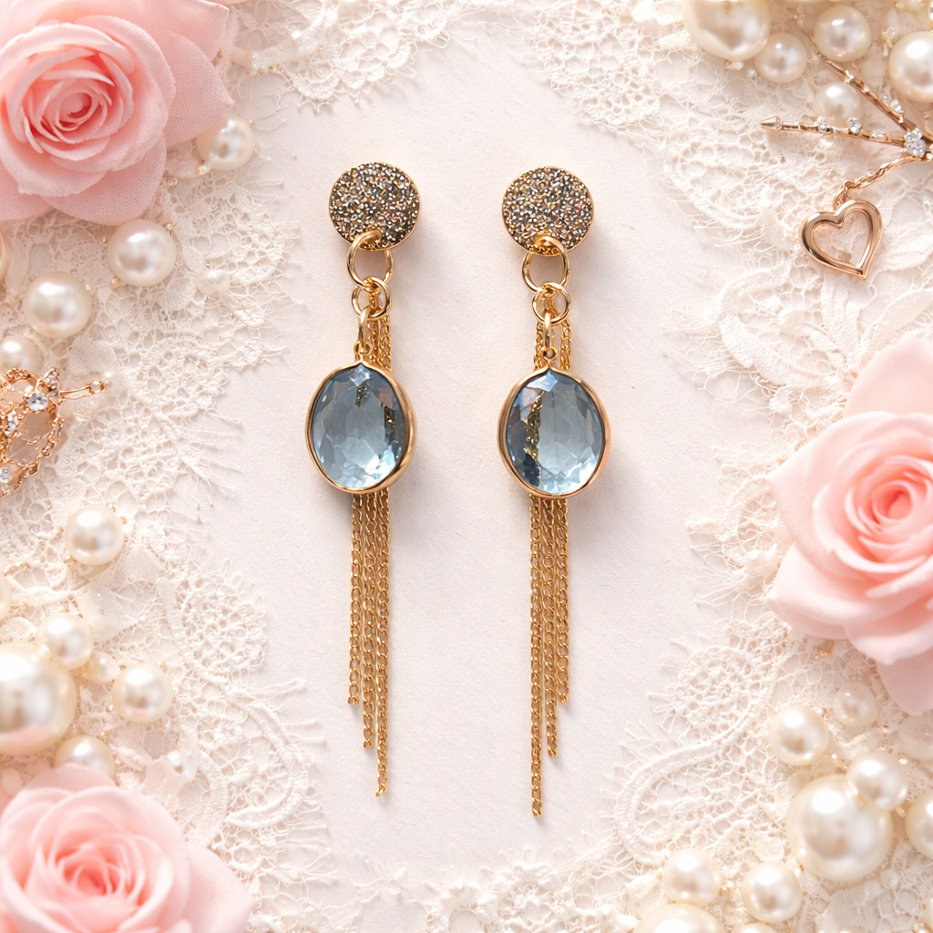 Handmade Blue Crystal Tassel Earrings – Gold Luxe Bridal Drops