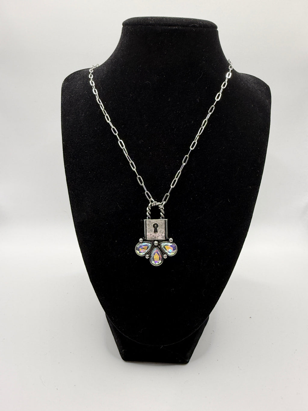 16″ Silver Paperclip Link Necklace with Lock Pendant + Aurora Borealis Crystal Teardrops