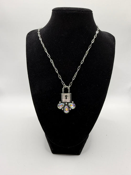 16″ Silver Paperclip Link Necklace with Lock Pendant + Aurora Borealis Crystal Teardrops