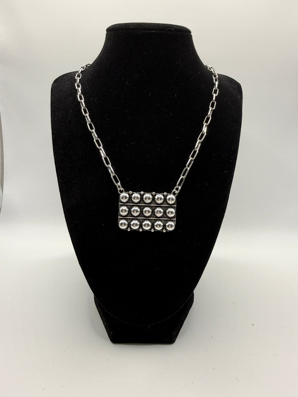 16″ Silver Paperclip Link Necklace with Rectangular Studded Pendant, Statement Style