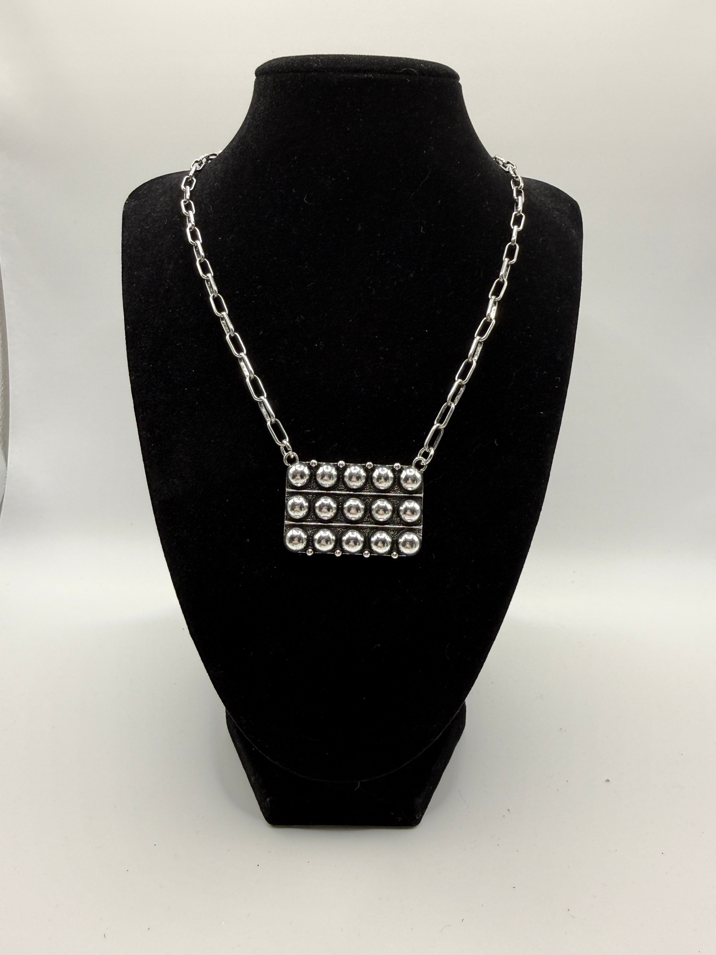 16″ Silver Paperclip Link Necklace with Rectangular Studded Pendant, Statement Style