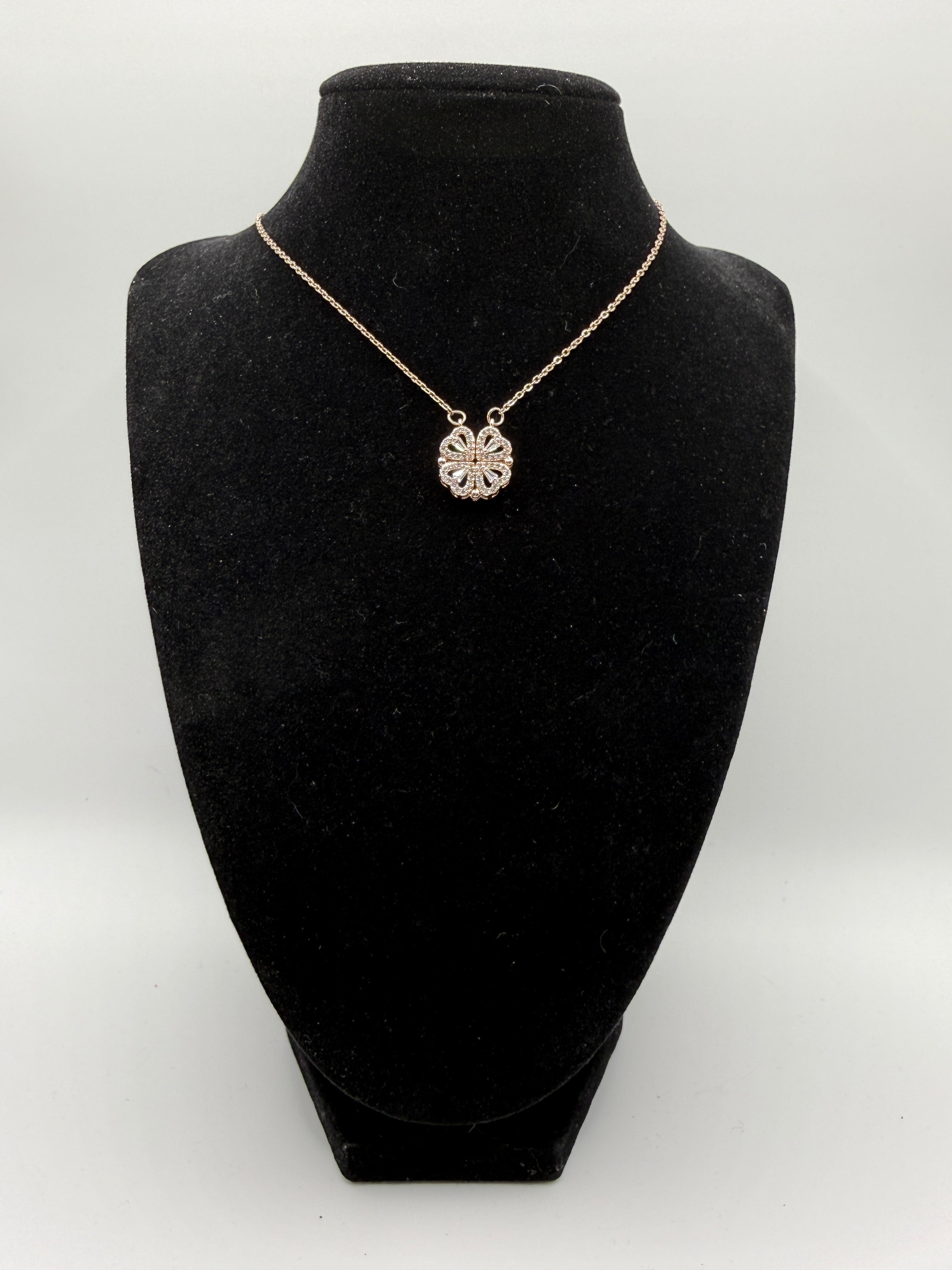 14″ Gold Dainty Necklace with Pavé Clover & Heart Charms – Convertible 2-Way Design