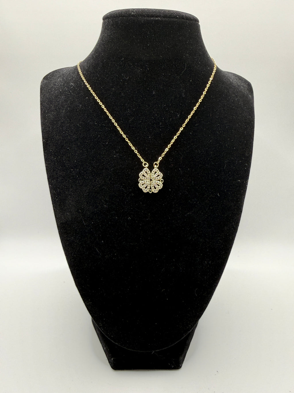 14″ Gold Dainty Necklace with Pavé Clover & Heart Charms – Convertible 2-Way Design