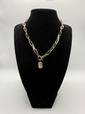 14″ Gold Paperclip Link Necklace with Front Toggle & Tag Pendant