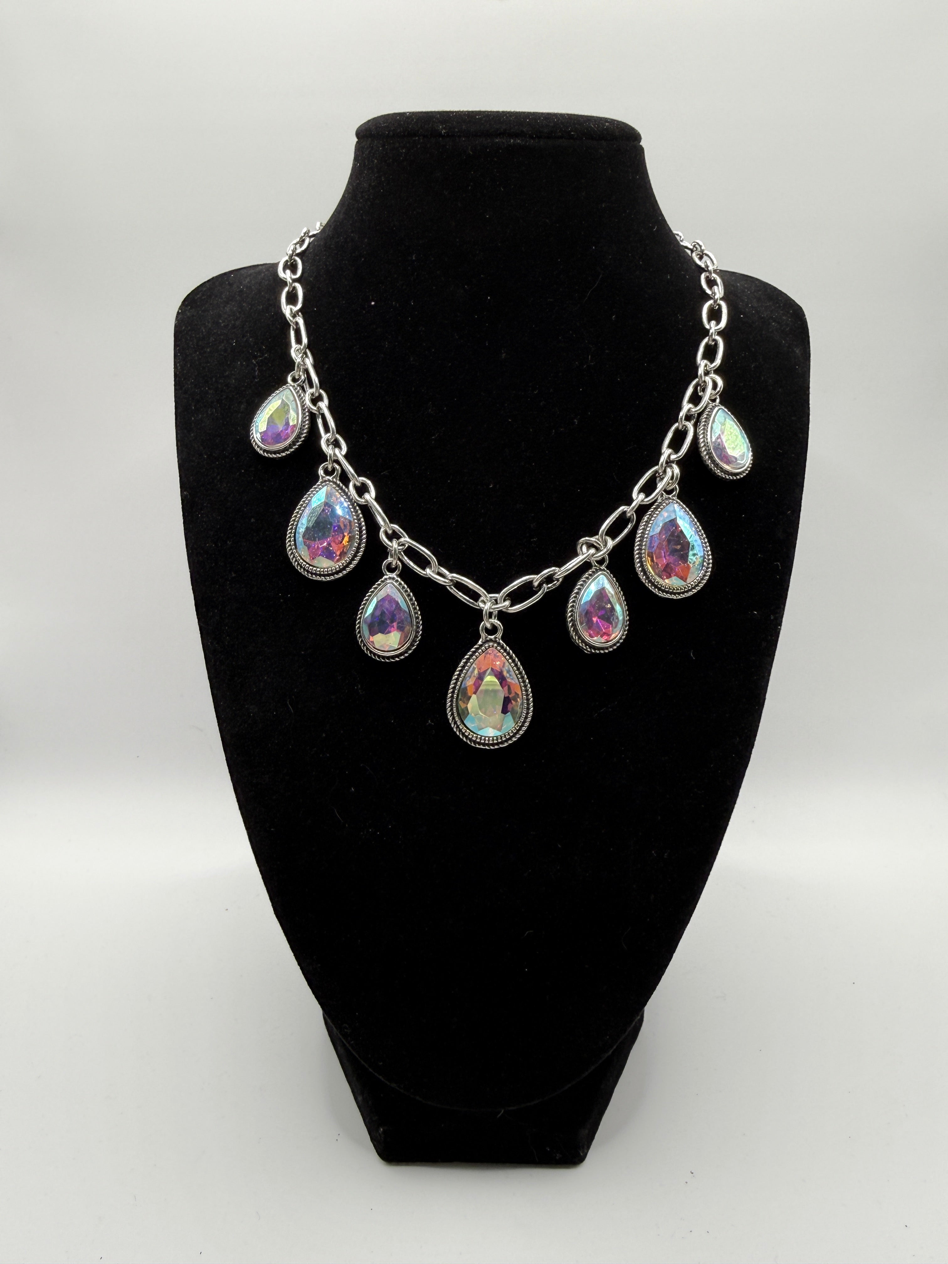 Silver Statement Necklace with Rainbow Aurora Borealis Teardrop Crystals