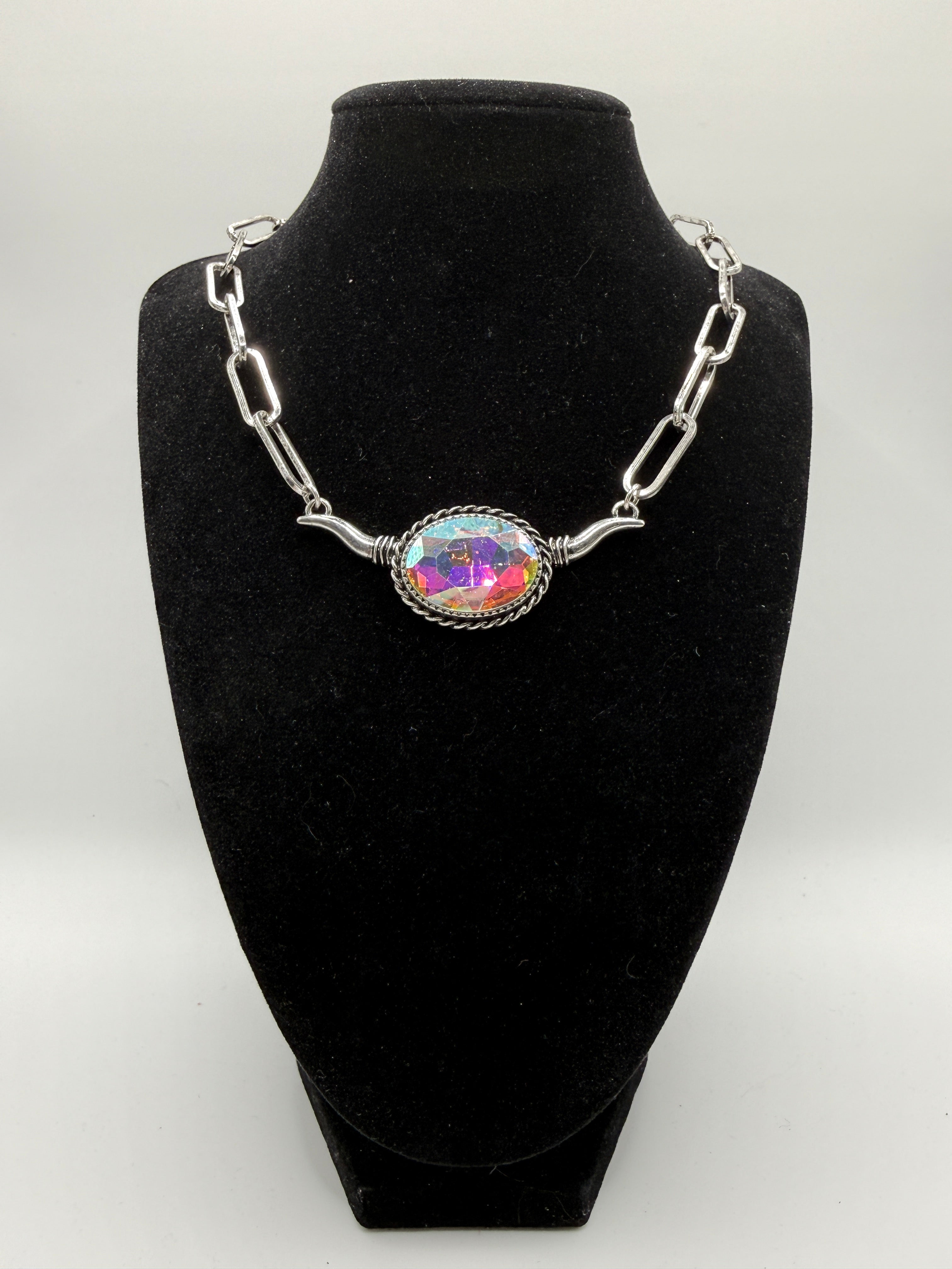 Iridescent Longhorn Steer Statement Necklace on Chunky Silver Chain — Rodeo Rockstar Vibes
