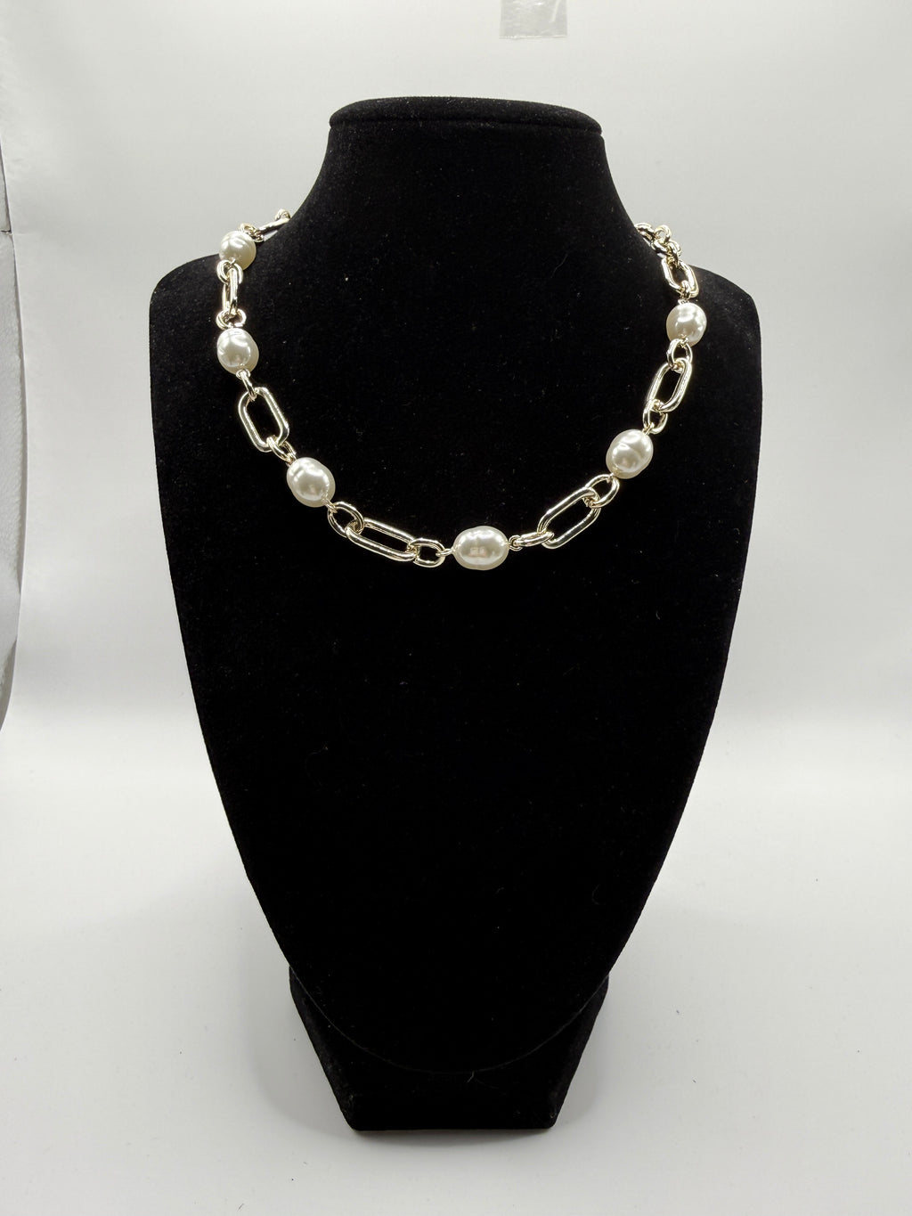 16″ Gold Paperclip Chain Necklace with Lab Created-Pearls + 2″ Extender