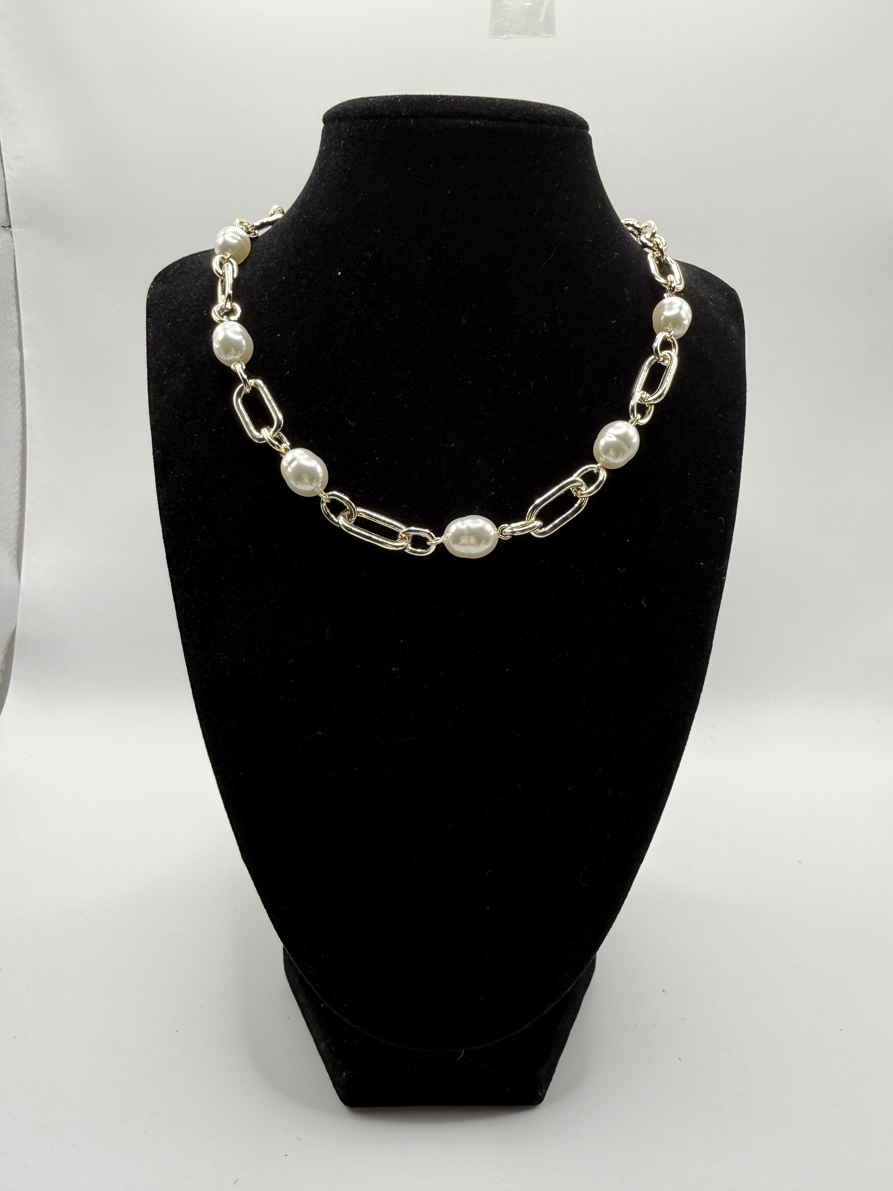 16″ Gold Paperclip Chain Necklace with Lab Created-Pearls + 2″ Extender