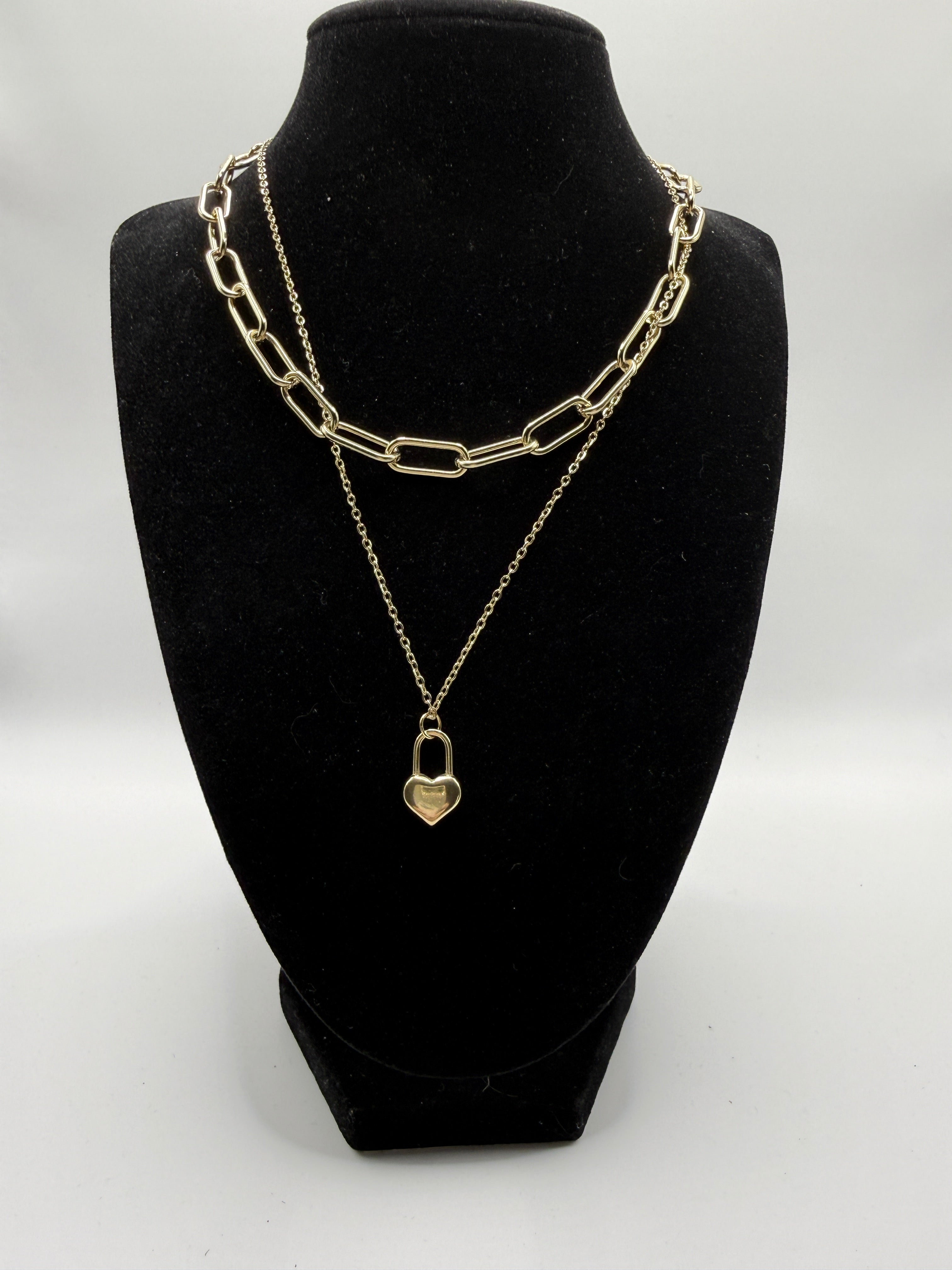 Two-Layer Gold Necklace with Paperclip Choker (14″) and Heart Lock Pendant (18″)