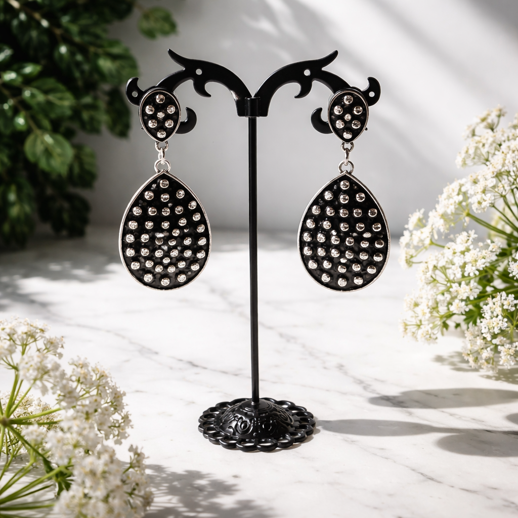 Black Studded Teardrop Statement Earrings
