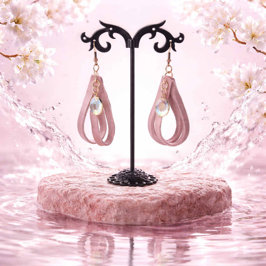 Blush Suede Teardrop Earrings — Handmade + Iridescent Charm