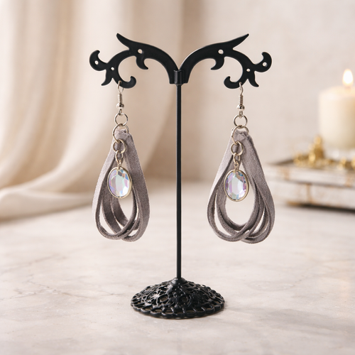 Blush Suede Teardrop Earrings — Handmade + Iridescent Charm