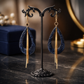 Midnight Tooled Faux Leather Dangle Earrings, Handmade + Gold Fringe