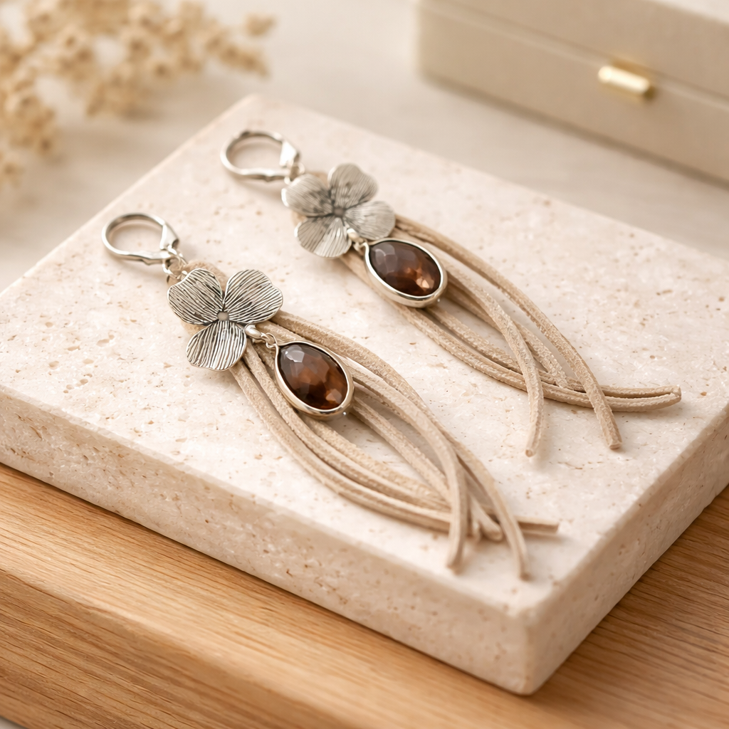3" Suede Tassel Leather Earrings — Handmade w/ Silver Floral + Gem Drop