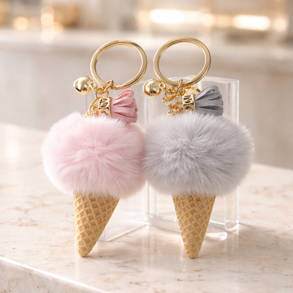 Ice Cream Cone Pom Pom Keychains — Sweet & Fluffy!