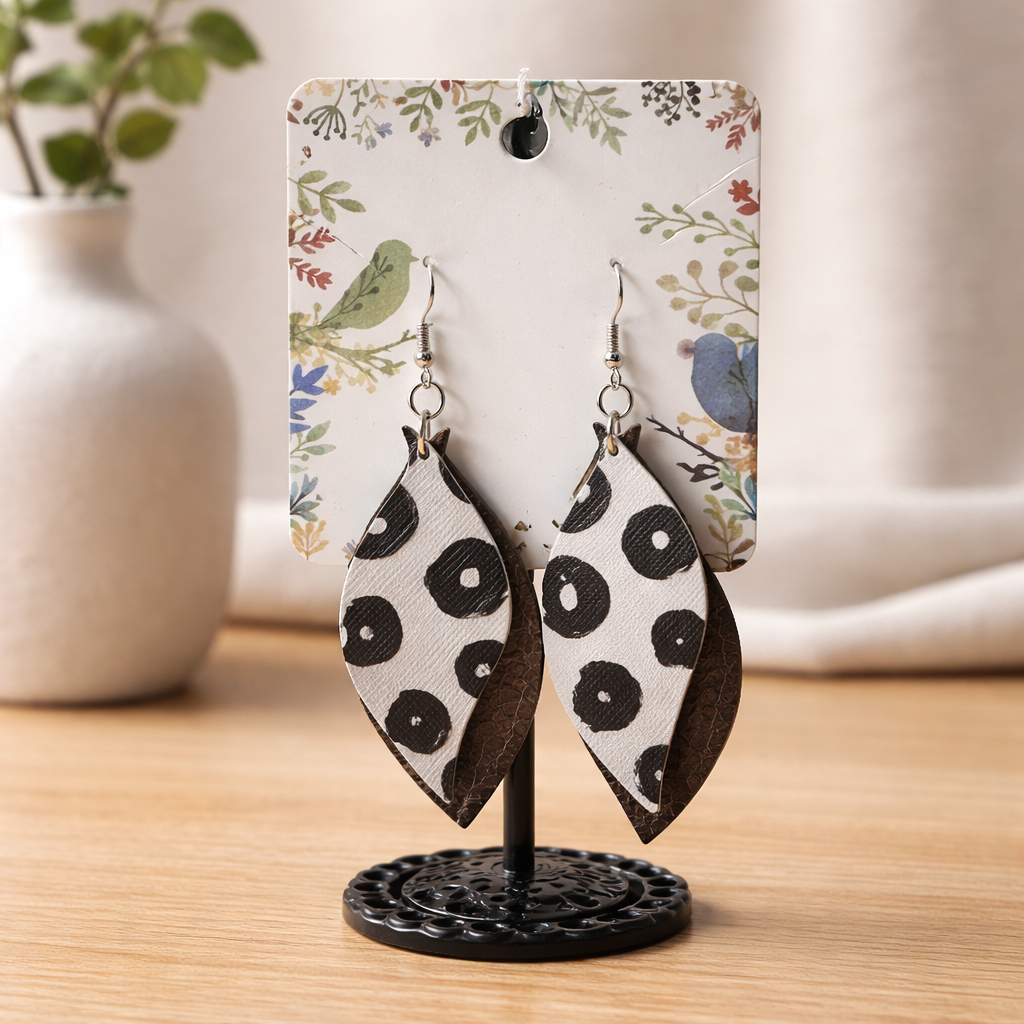 Dot Double Leaf Earrings — Faux Leather Handmade