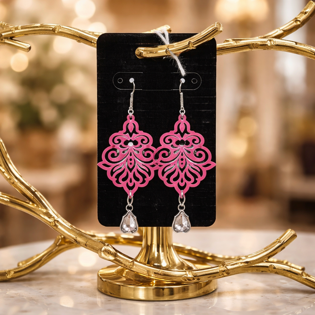 “Pink Filigree Sparkle Drops” — Lightweight Statement Earrings
