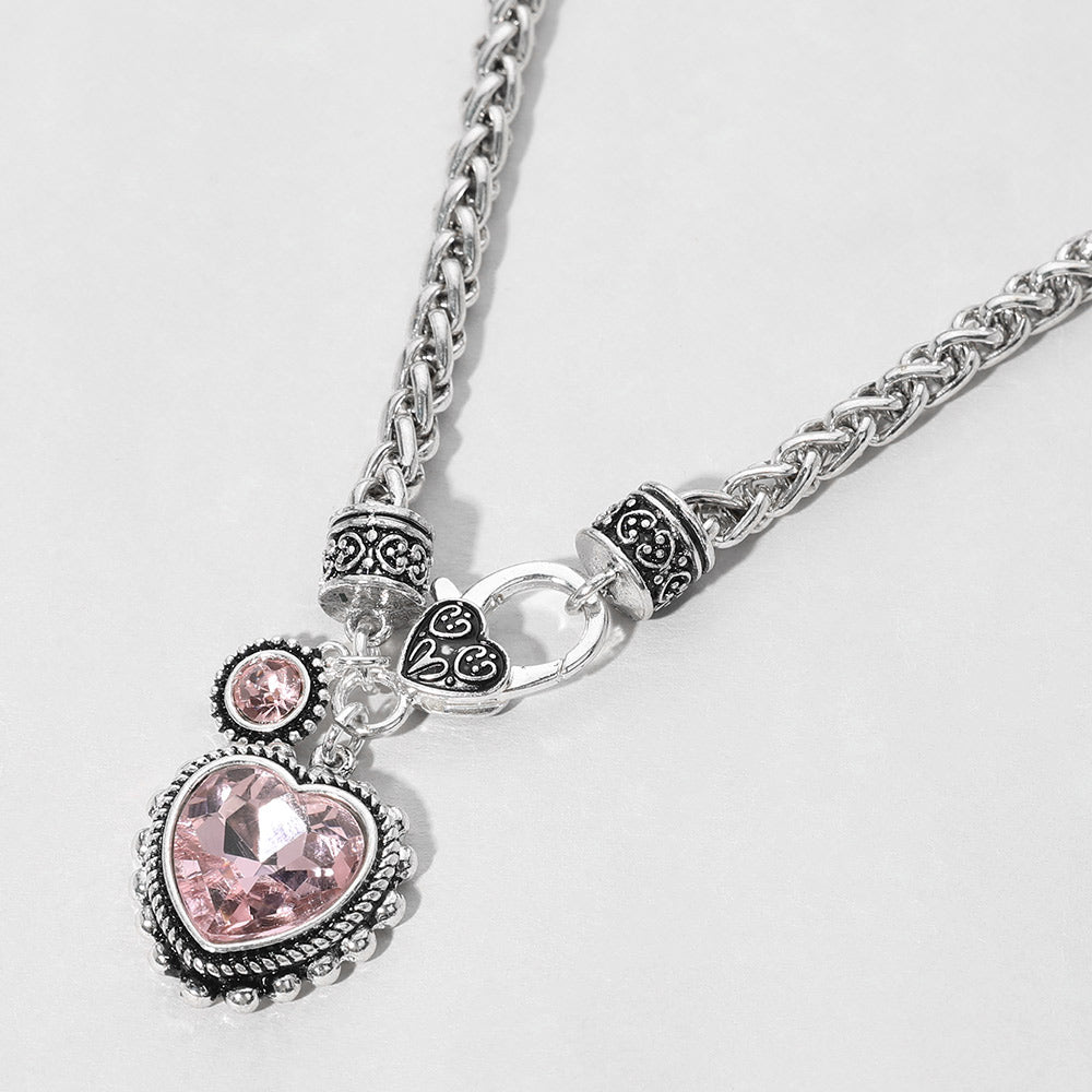 Silver Braided Choker Necklace with Stunning Heart Gemstone Pendant