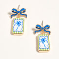 Bow with Palm Tree Print Rectangle Frame Drop Earrings