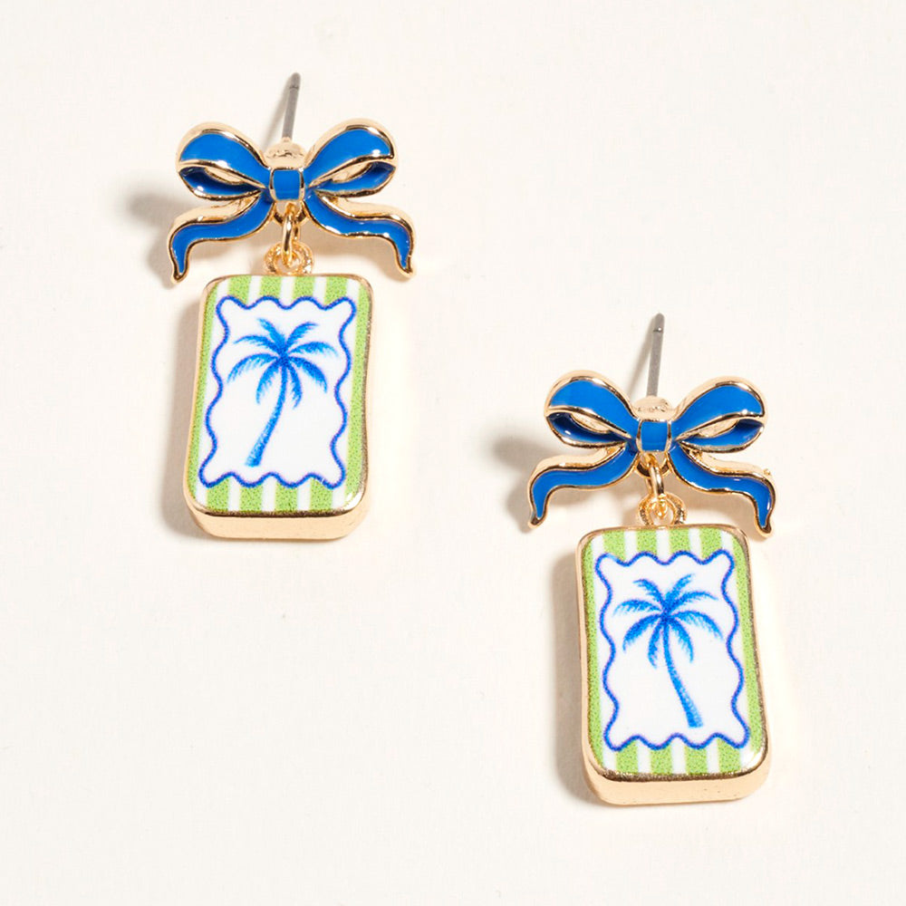 Bow with Palm Tree Print Rectangle Frame Drop Earrings