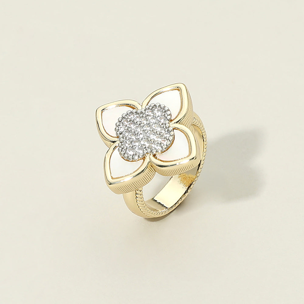 14K Gold Plated CZ Pave Center Mother of Pearl Floral Statement Ring