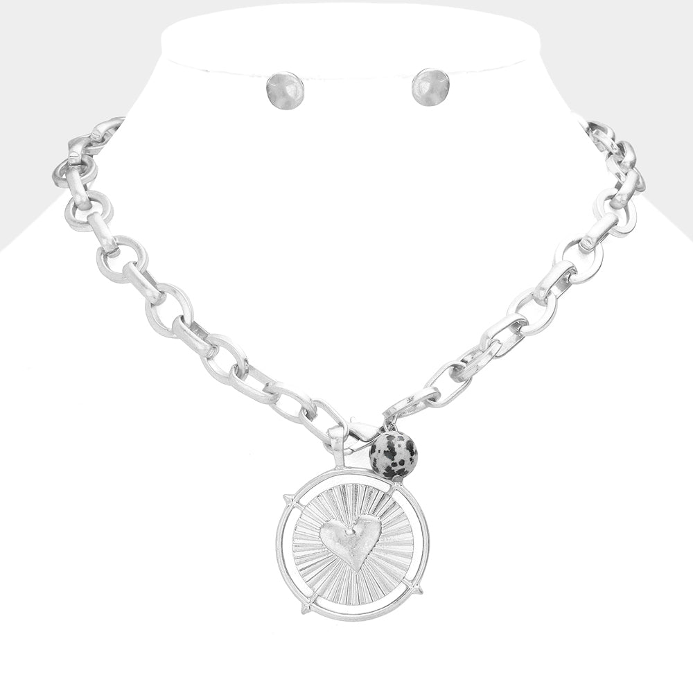 Silver Chunky Chain Necklace + Heart Pendant + Stud Earrings | 16"