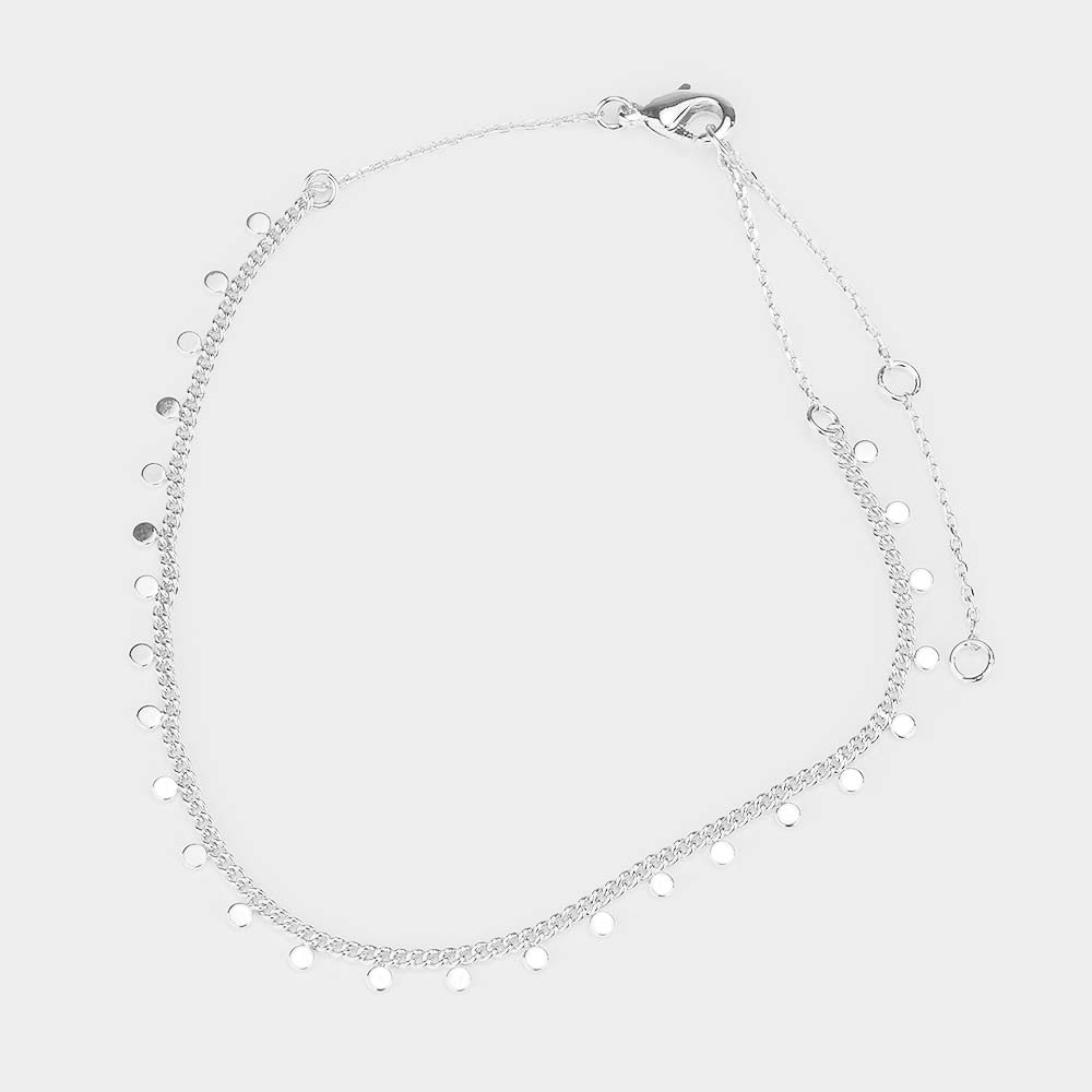 White Gold Dipped Tiny Metal Disc Station Anklet