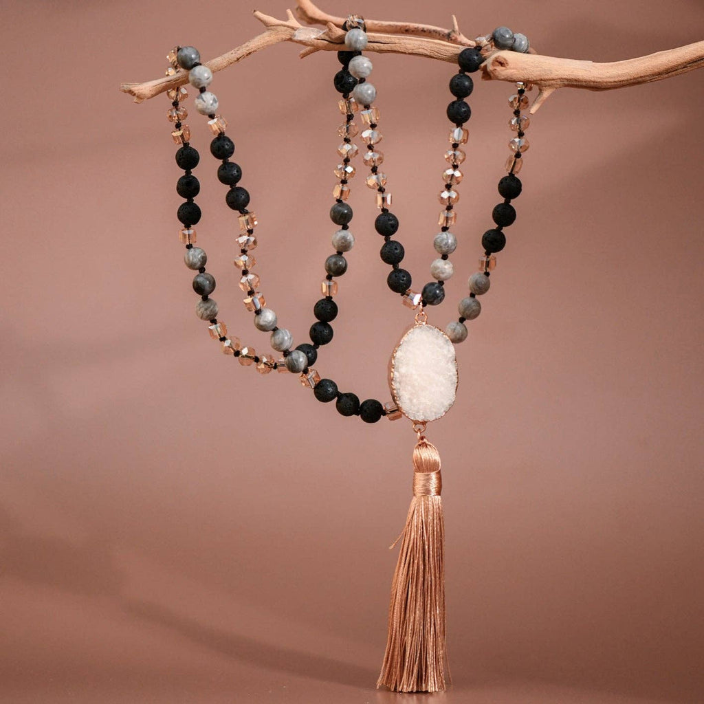 Stone Bead Necklace with Druzy Tassel Pendant - 6515