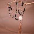 Stone Bead Necklace with Druzy Tassel Pendant - 6515