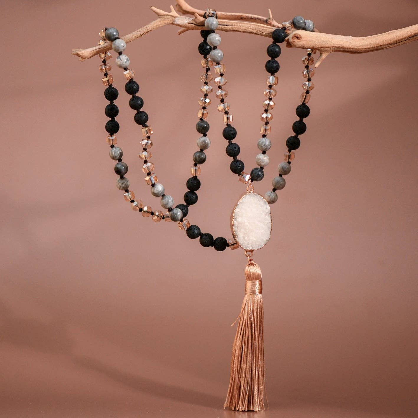 Stone Bead Necklace with Druzy Tassel Pendant - 6515