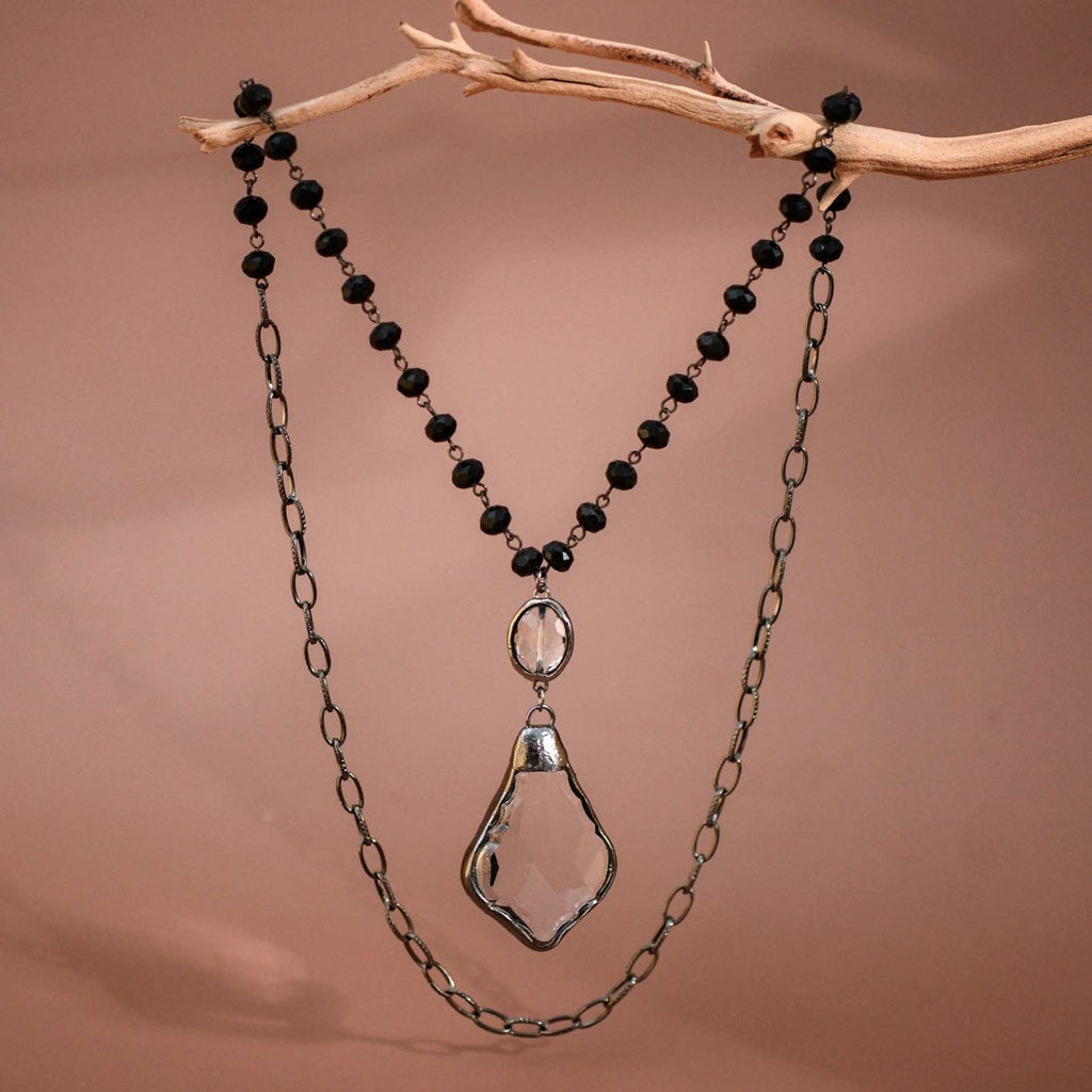 Long Beaded Chain Link Necklace, Glass Crystal Pendant - 6292