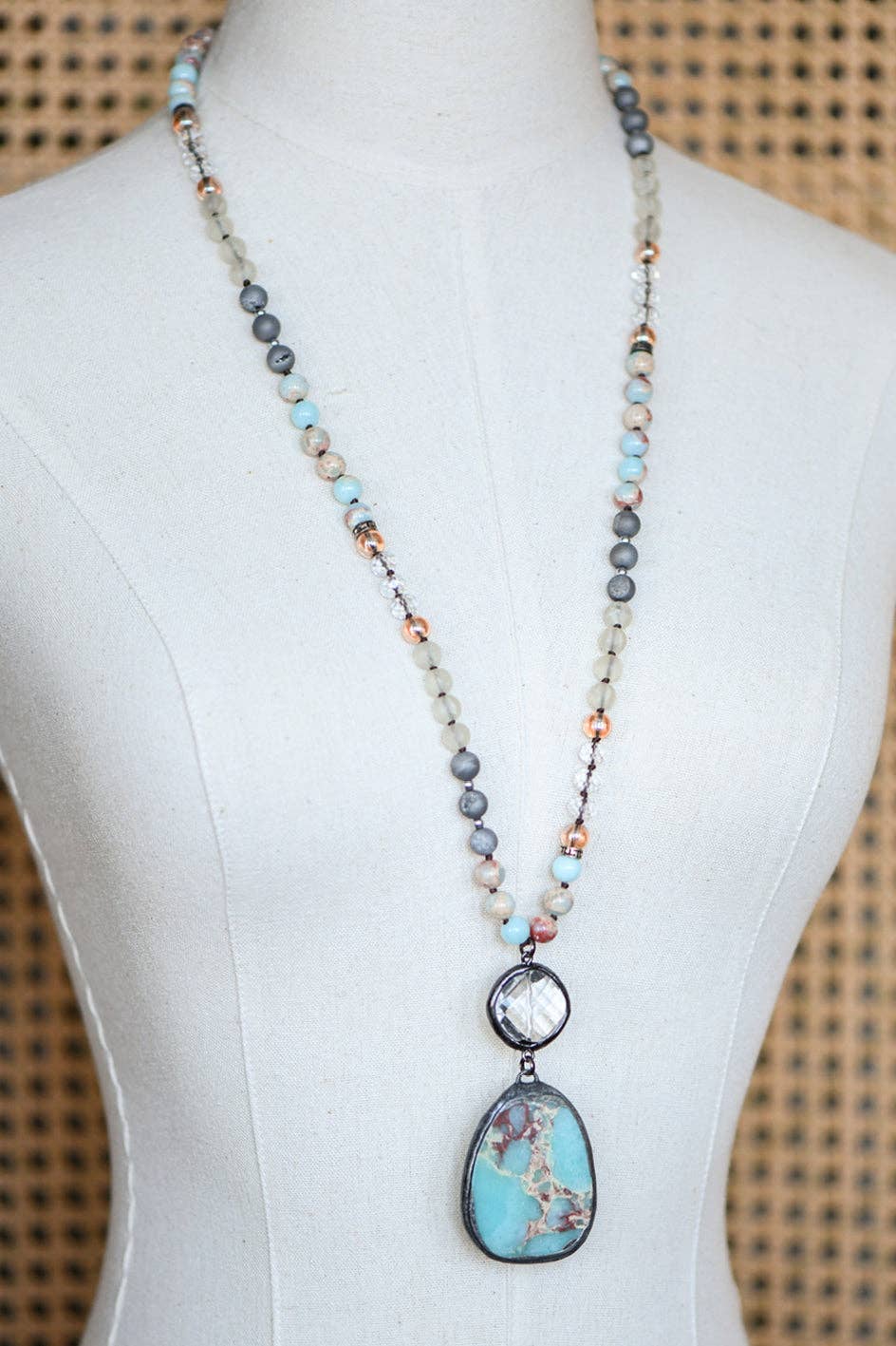 Natural Stone Bead Necklace with Stone Pendant - 6910