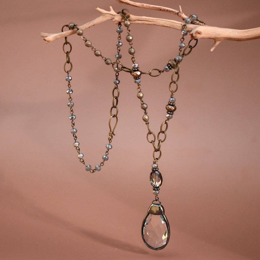Boho Long Beaded Chain Link Necklace, Glass Crystal Teardrop Pendant