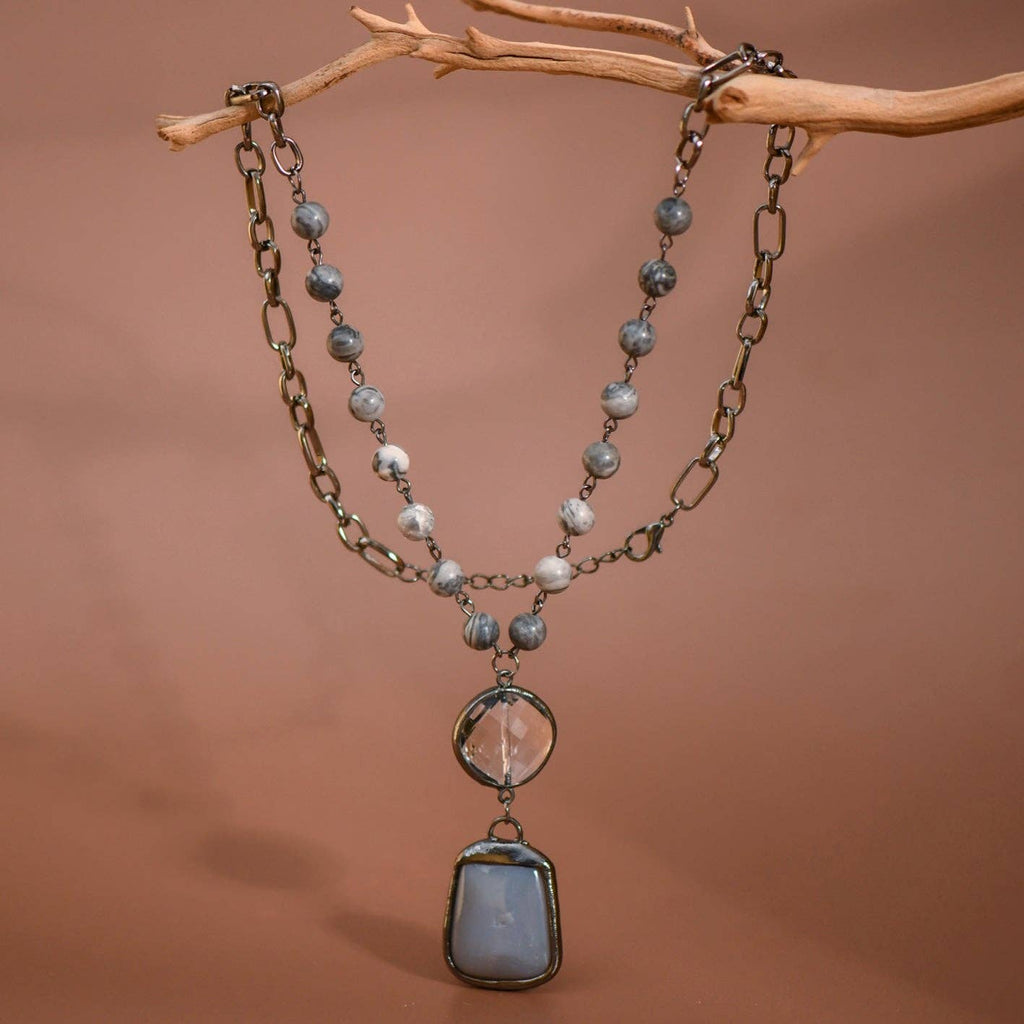 Natural Stone Pendant Beaded Chain Link Necklace - 6520