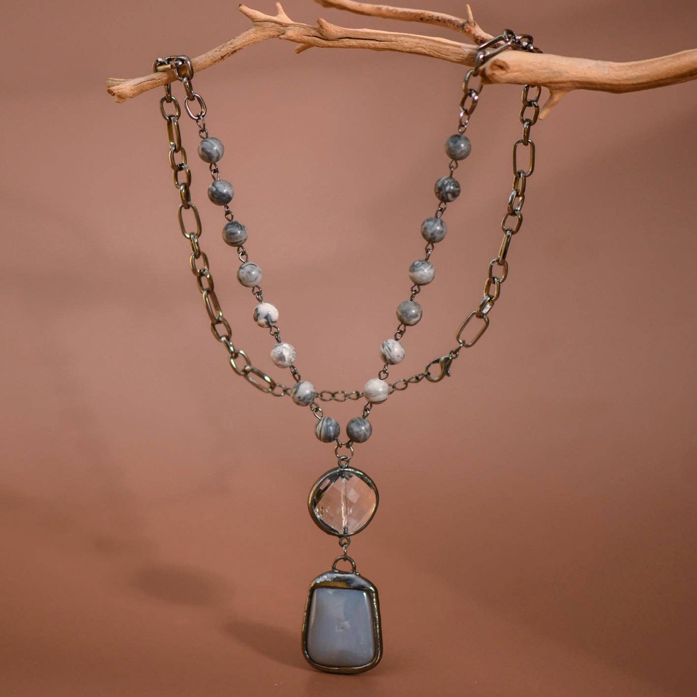 Natural Stone Pendant Beaded Chain Link Necklace - 6520