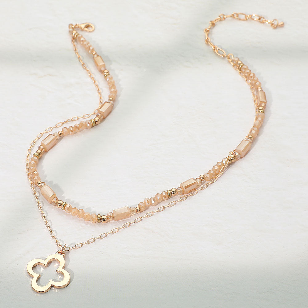 Metal Open Quatrefoil Pendant Faceted Beaded Layered Necklace
