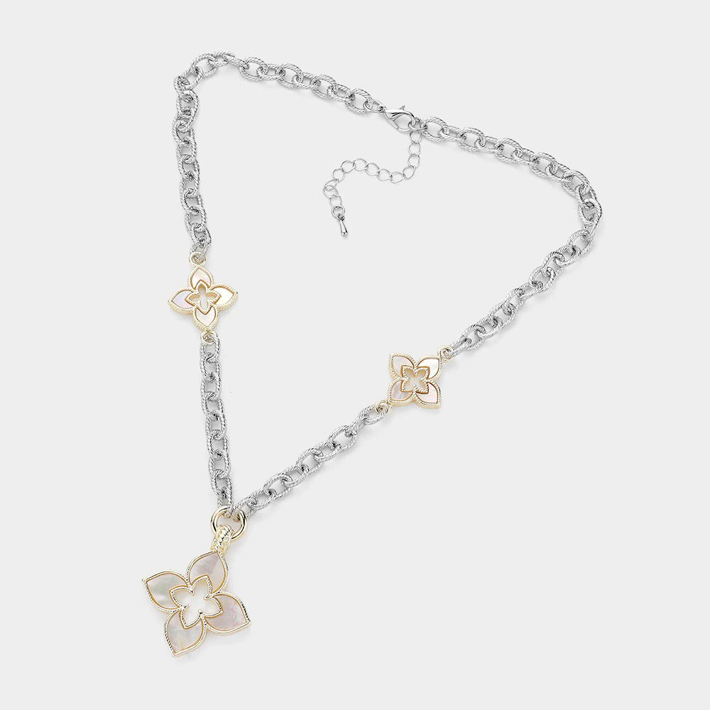 14K Gold Plated Mother Of Pearl Clover Pendant Station Necklace
